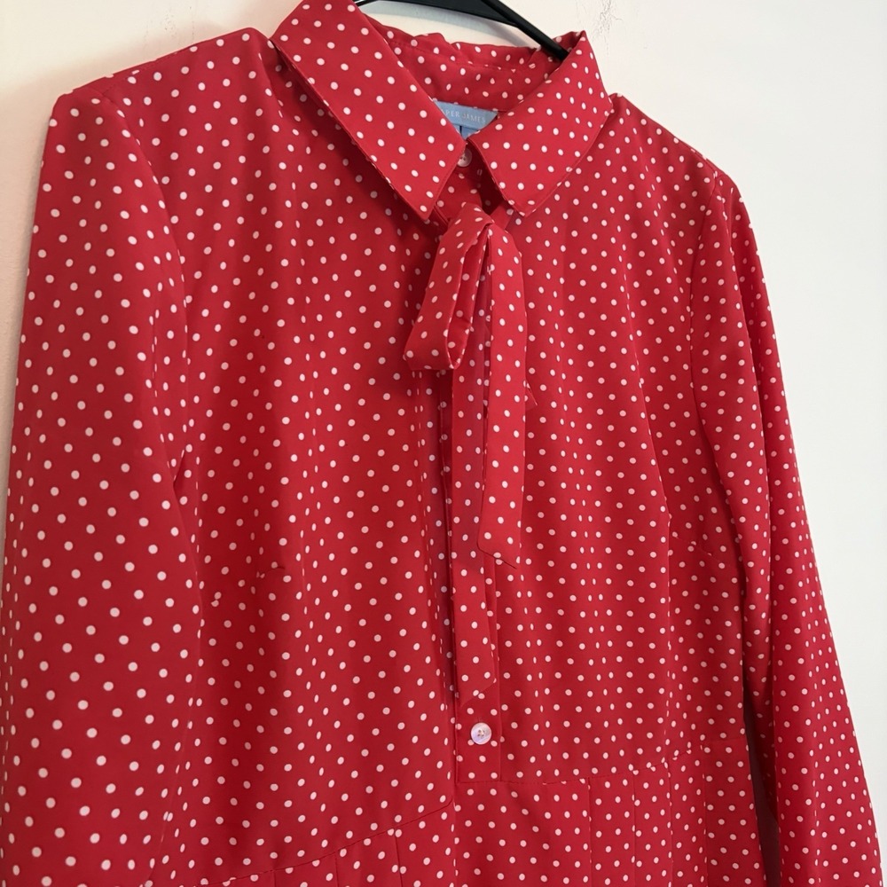 Draper James Midi Dress Sz 8 Red Polka Dot Longsleeve Pleats Retro Vintage Vibe - Picture 2 of 9